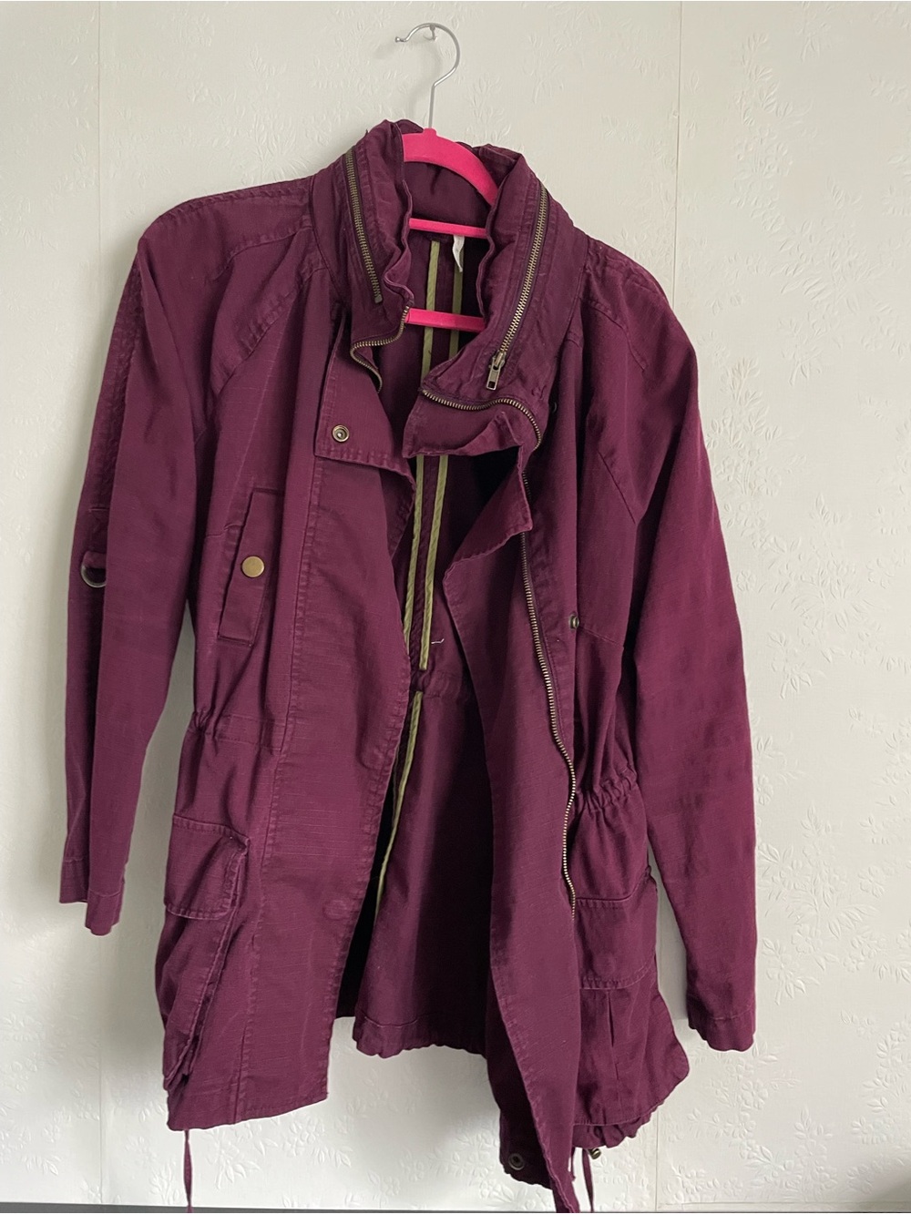 Willow & Clay Plum Utility Jacket with High Collar and retractable hood